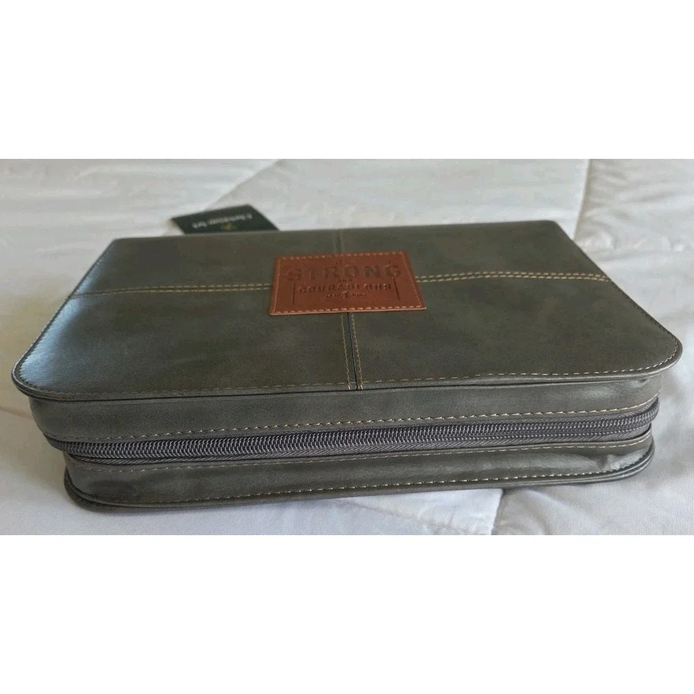 Men's Bible Cover - Be Strong and Courageous, Gray Faux Leather